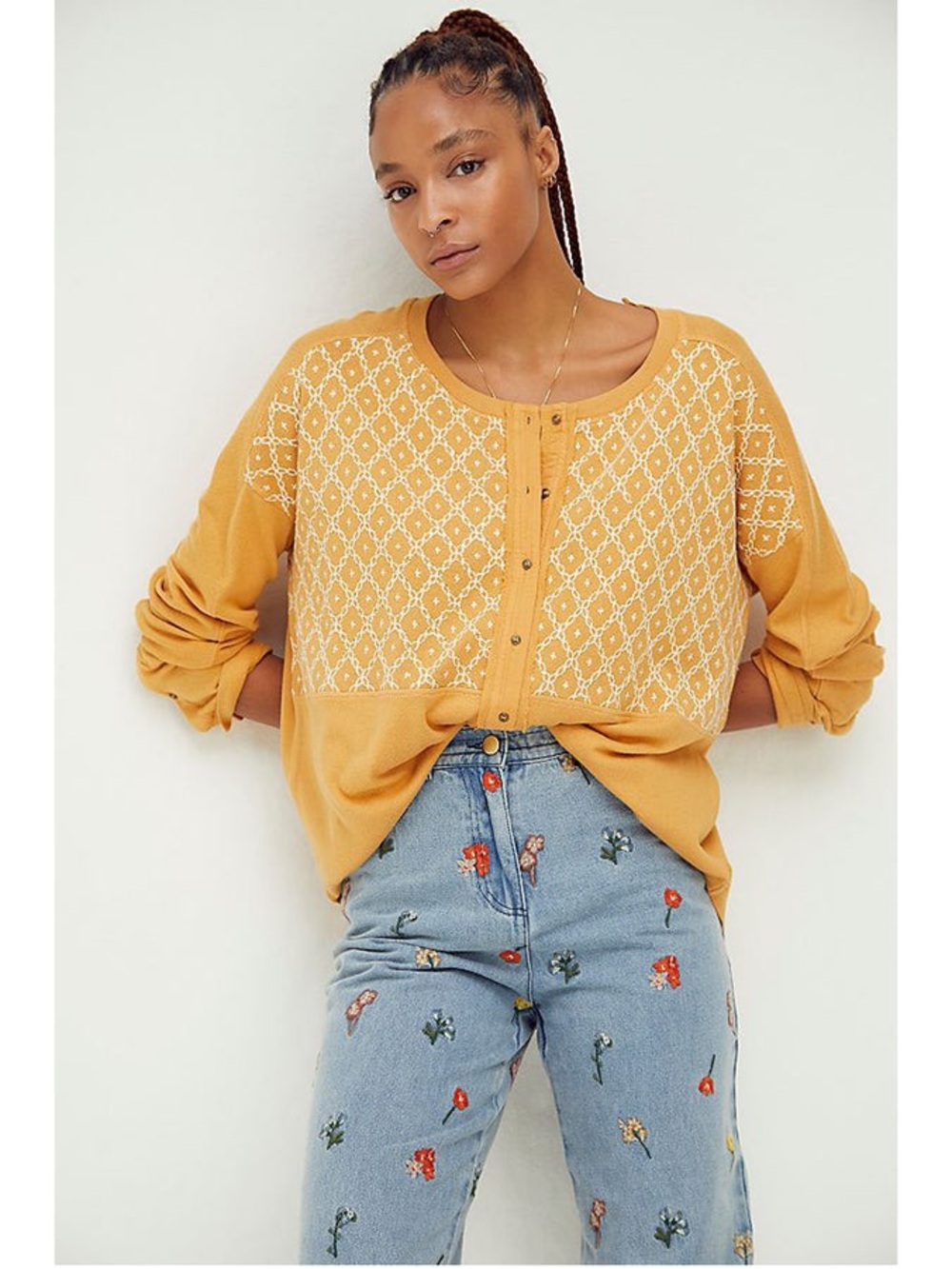 We The Free Embroidered Mustard Yellow Top 100% cotton